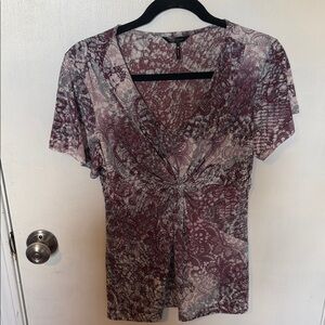 Daisy Fuentes Plum and Ivory Lace-Print V-Neck Short Sleeve Top